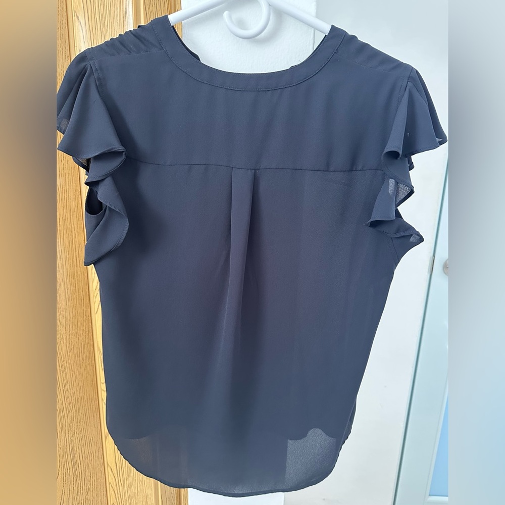 Calvin Klein Navy Sheer Blouse | V-Neck Flutter Sleeve Top | Size S - Picture 3 of 6